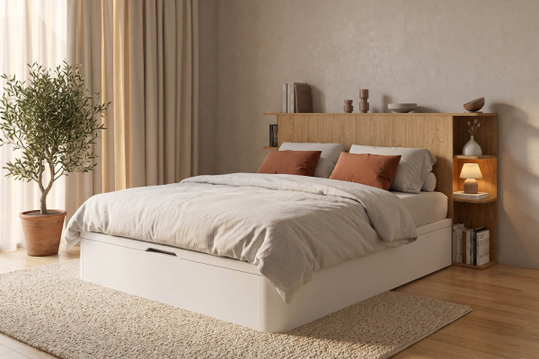 Lit coffre 160x200 blanc avec tête de lit Milla | 100% français
