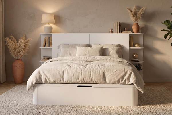 Lit coffre 160x200 blanc avec tête de lit Milla | 100% français