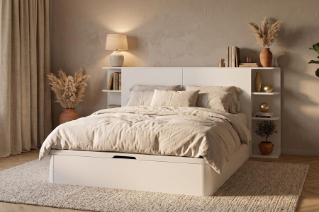 Lit coffre 160x200 blanc avec tête de lit Milla | 100% français