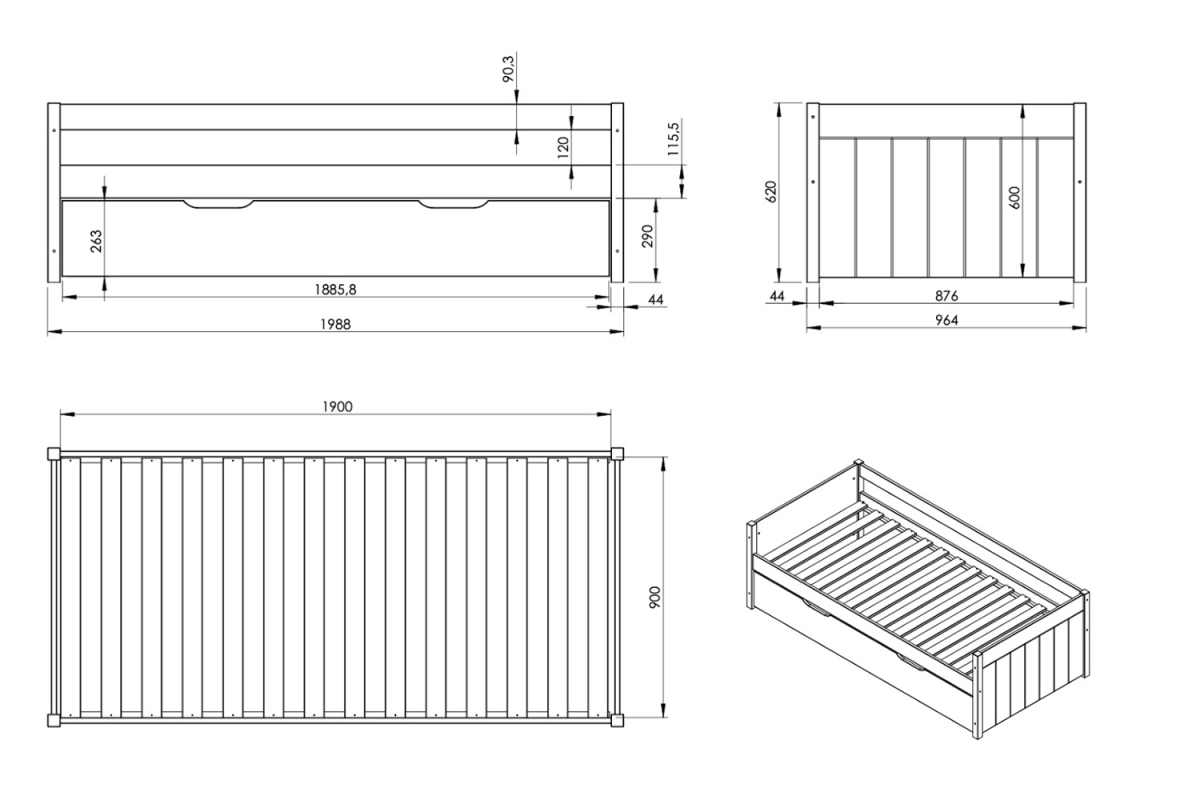 Lit gigogne banquette en bois Soréa 90x190 | Maison Aveni