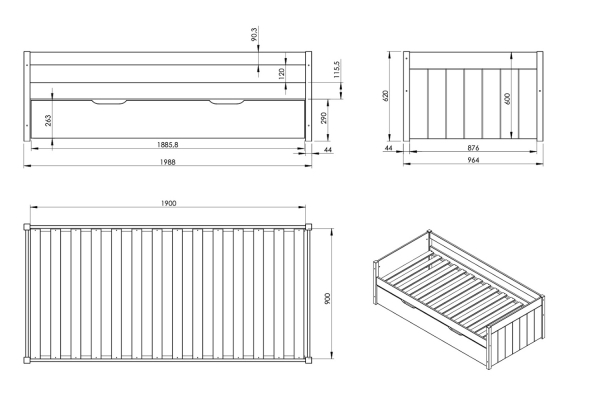 Lit gigogne banquette en bois Soréa 90x190 | Maison Aveni