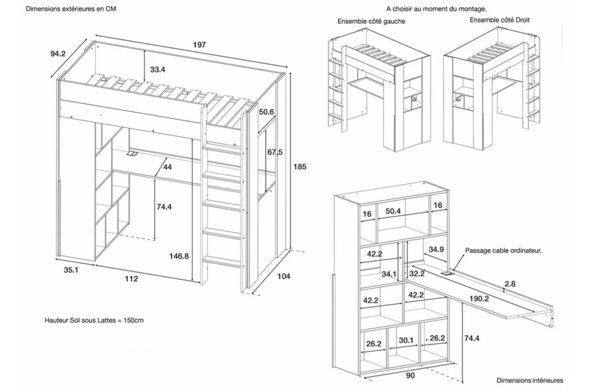 Cama alta blanca y de madera con escritorio 90x190 | 100 % francesa
