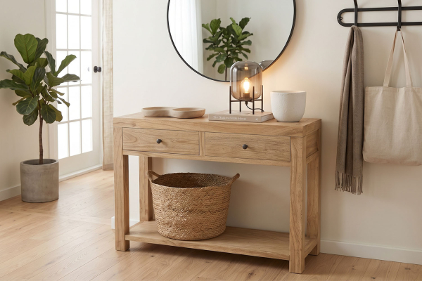 Consola de 2 cajones de madera maciza Lior – Estilo y almacenaje discreto