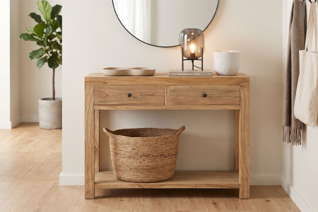 Consolle a 2 cassetti in legno massello Lior – Stile e spazio contenitivo discreto