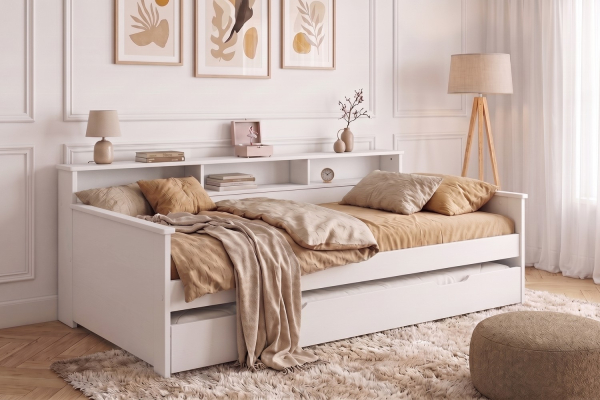Milo trundle bed with open compartments and shelf | Maison Aveni