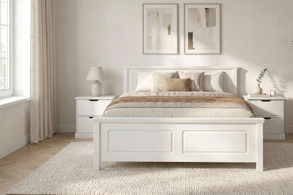 Lit en bois avec tête de lit blanc – Élégance et solidité durable