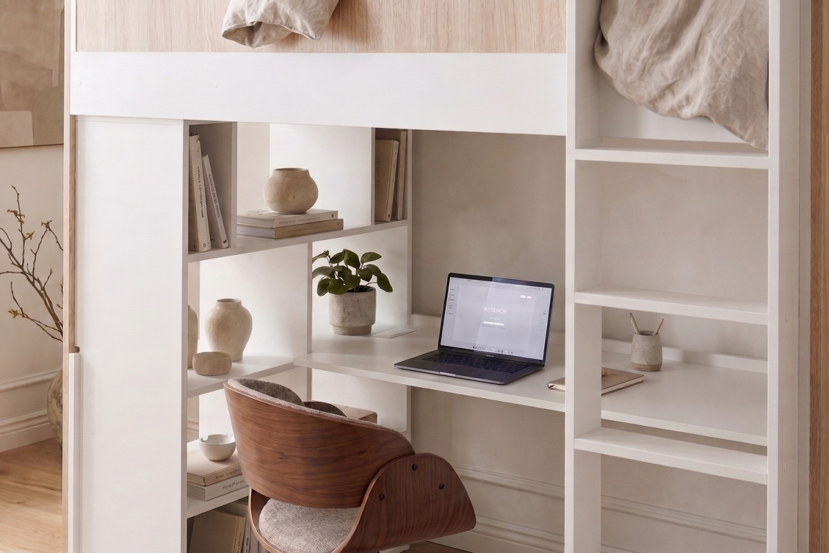 Lit mezzanine blanc et bois avec bureau 90x190 | 100% français