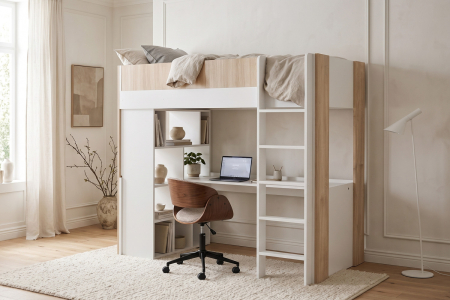 Cama alta blanca y de madera con escritorio 90x190 | 100 % francesa