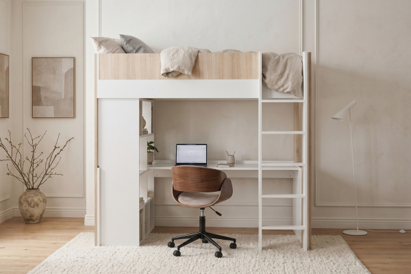 Hoogslaper in wit en hout met bureau 90x190 | 100% Frans