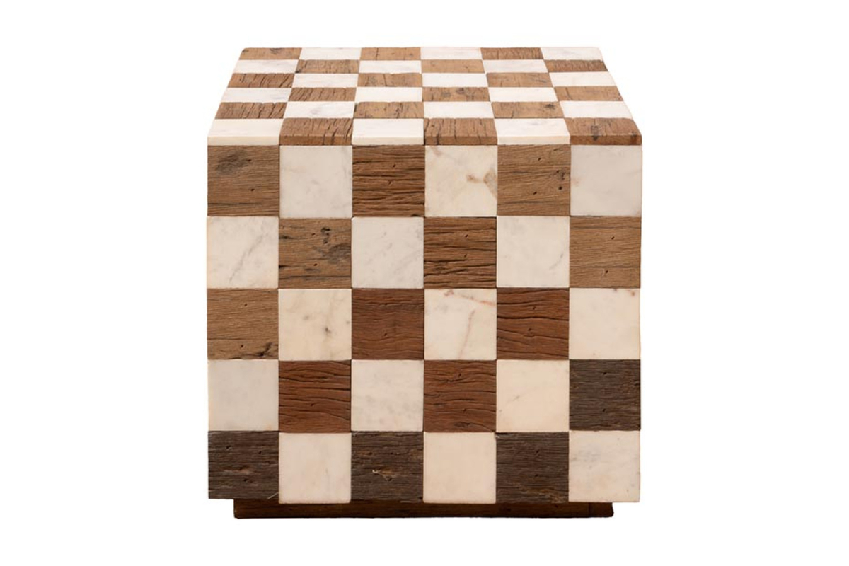 Céora 45 cm checkerboard side table in white marble and wood