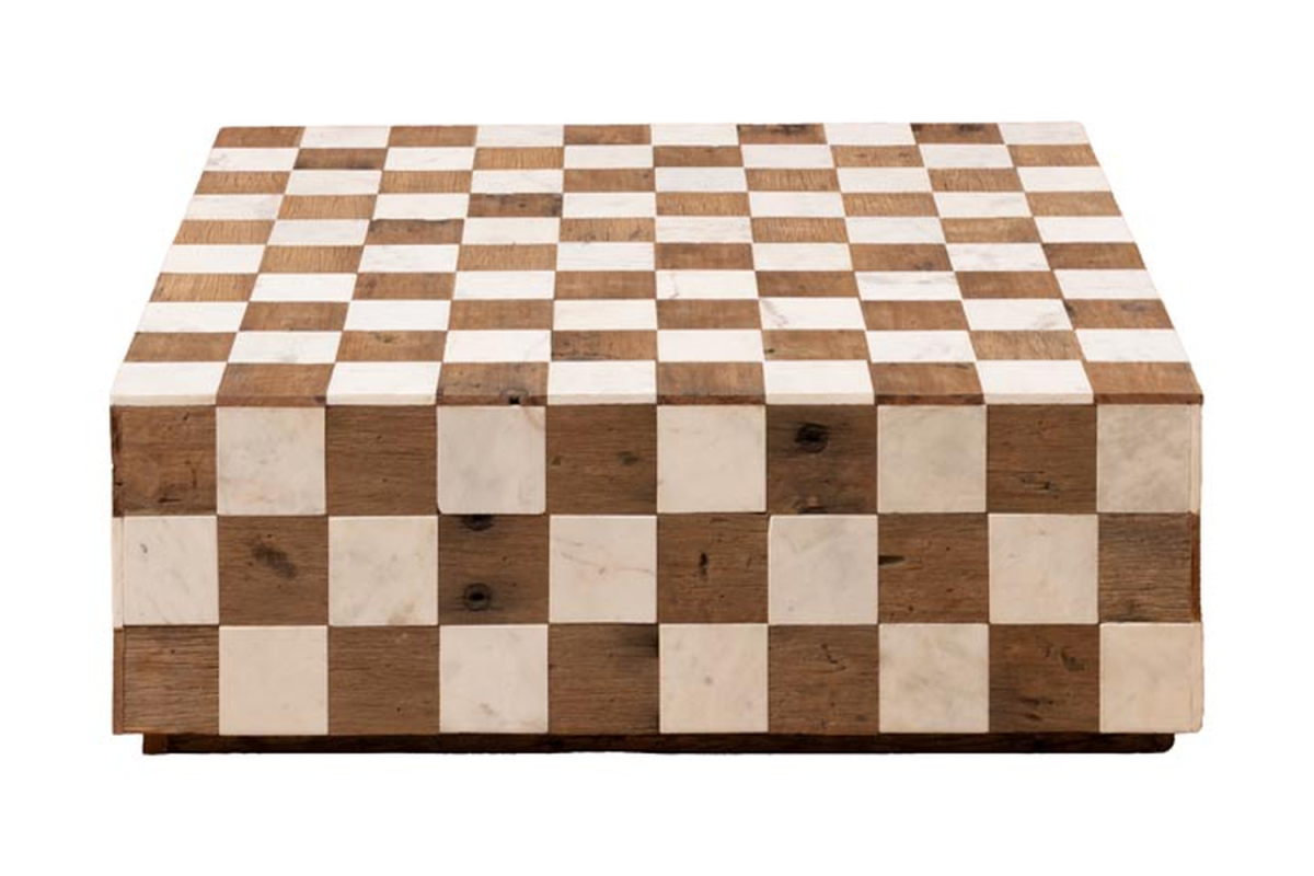Couchtisch Céora mit Schachbrettmuster aus weißem Marmor und Holz, 100 cm