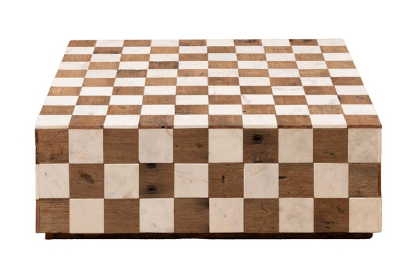 Table basse damier Céora marbre blanc et bois 100 cm