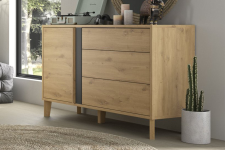 Commode 3 tiroirs 1 porte en bois Iria