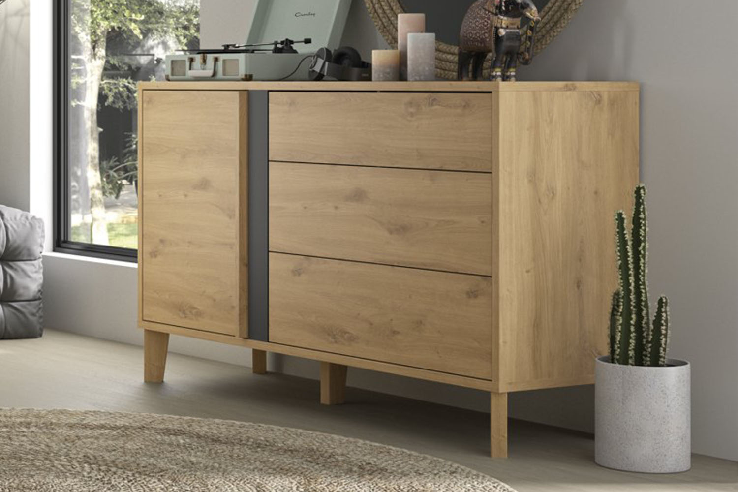 Commode 3 tiroirs 1 porte en bois Iria