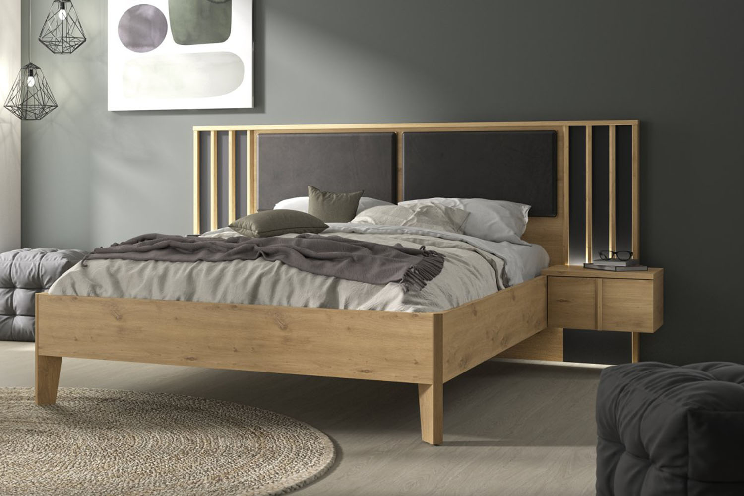 Cama de madera con cabecero y mesillas de noche Iria