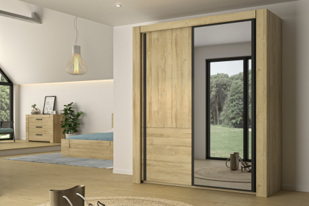 Armoire 2 portes coulissantes en bois avec miroir Elias