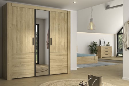Holzkleiderschrank Elias mit 3 Türen und Spiegel