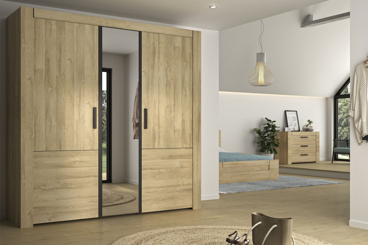 Armoire 3 portes en bois avec miroir Elias