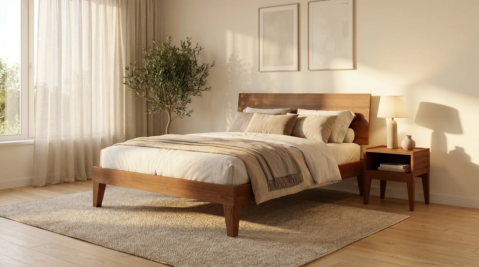 Lit Adam en bois dans une chambre lumineuse aux tons naturels